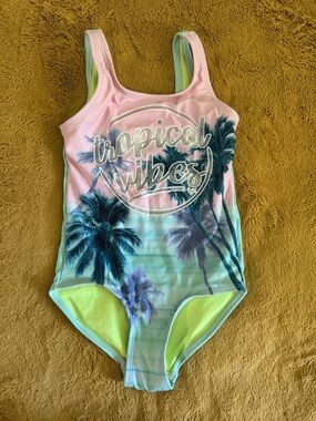 Justice Kids One Piece Swimsuit - Pink, Mint, Lime Tropical Vibes